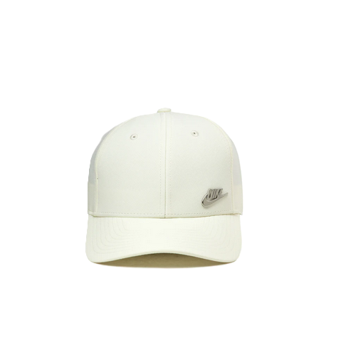 White baseball cap with a logo emblem.