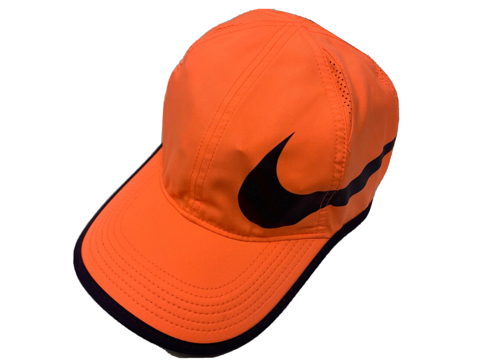 Orange cap with black swoosh logo.