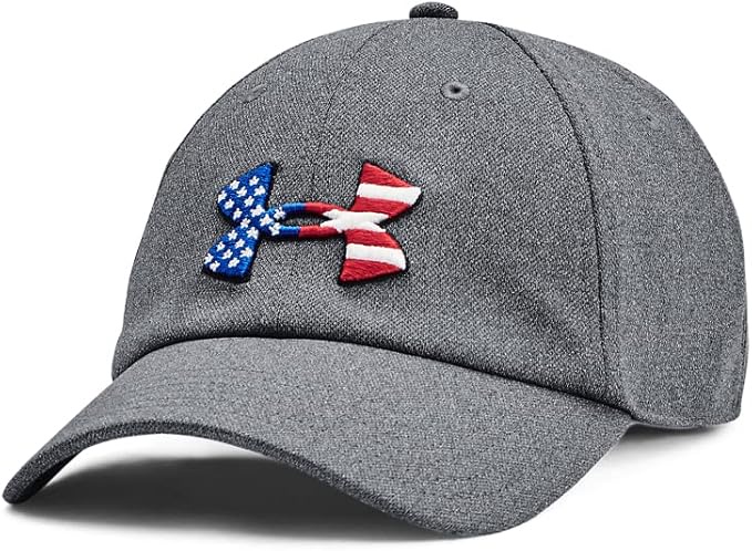 Gray cap with American flag logo.