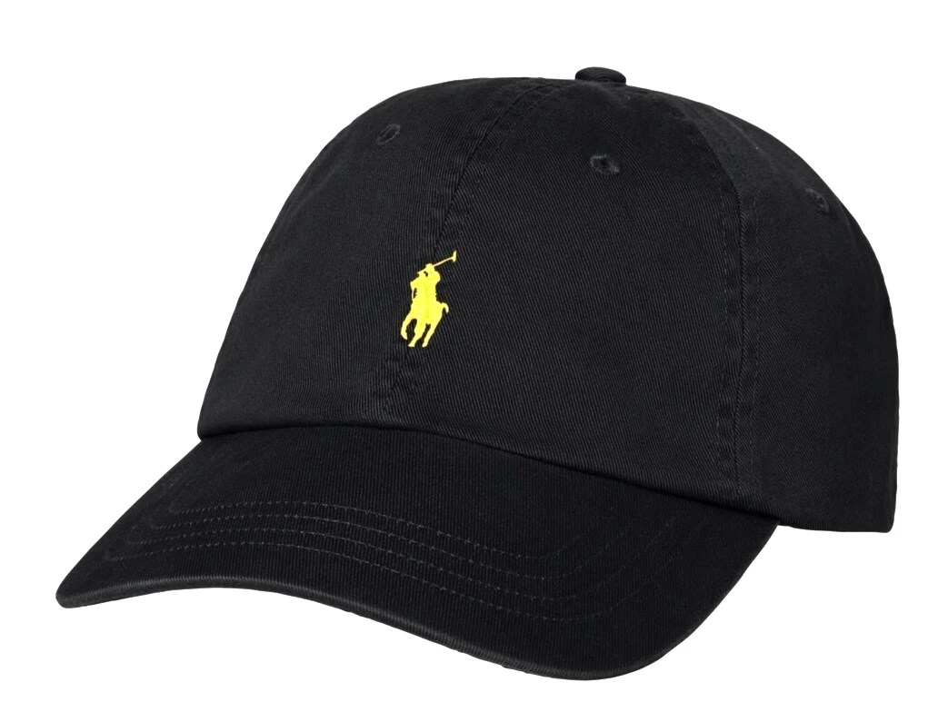 Black cap with yellow embroidered logo.