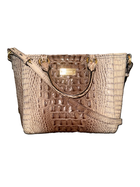 Brown crocodile-patterned handbag with shoulder strap.