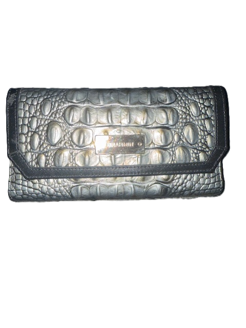 Silver crocodile-patterned wallet with clasp.