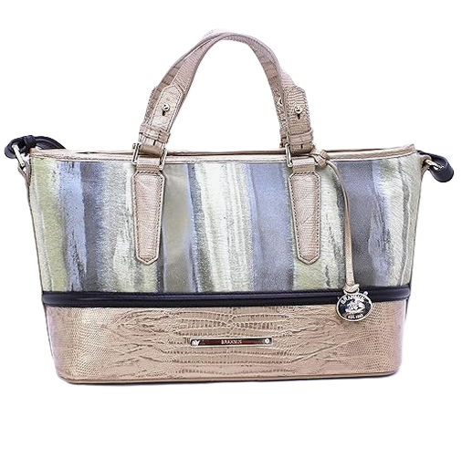 Gold and silver handbag with handles.