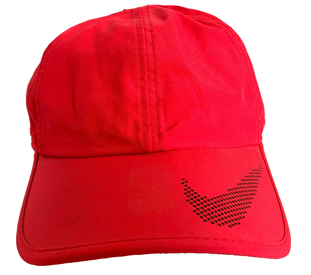 Red baseball cap with black logo.