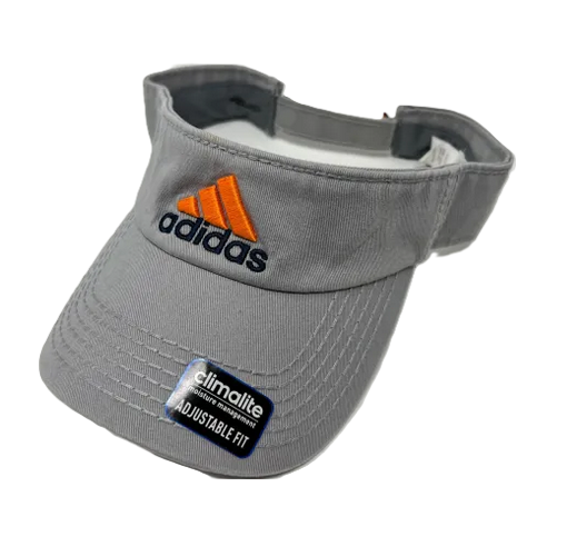Gray Adidas visor with orange logo.