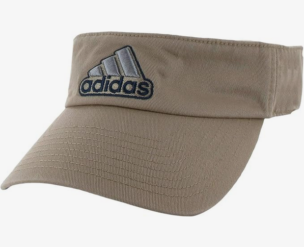 Beige Adidas visor with embroidered logo.
