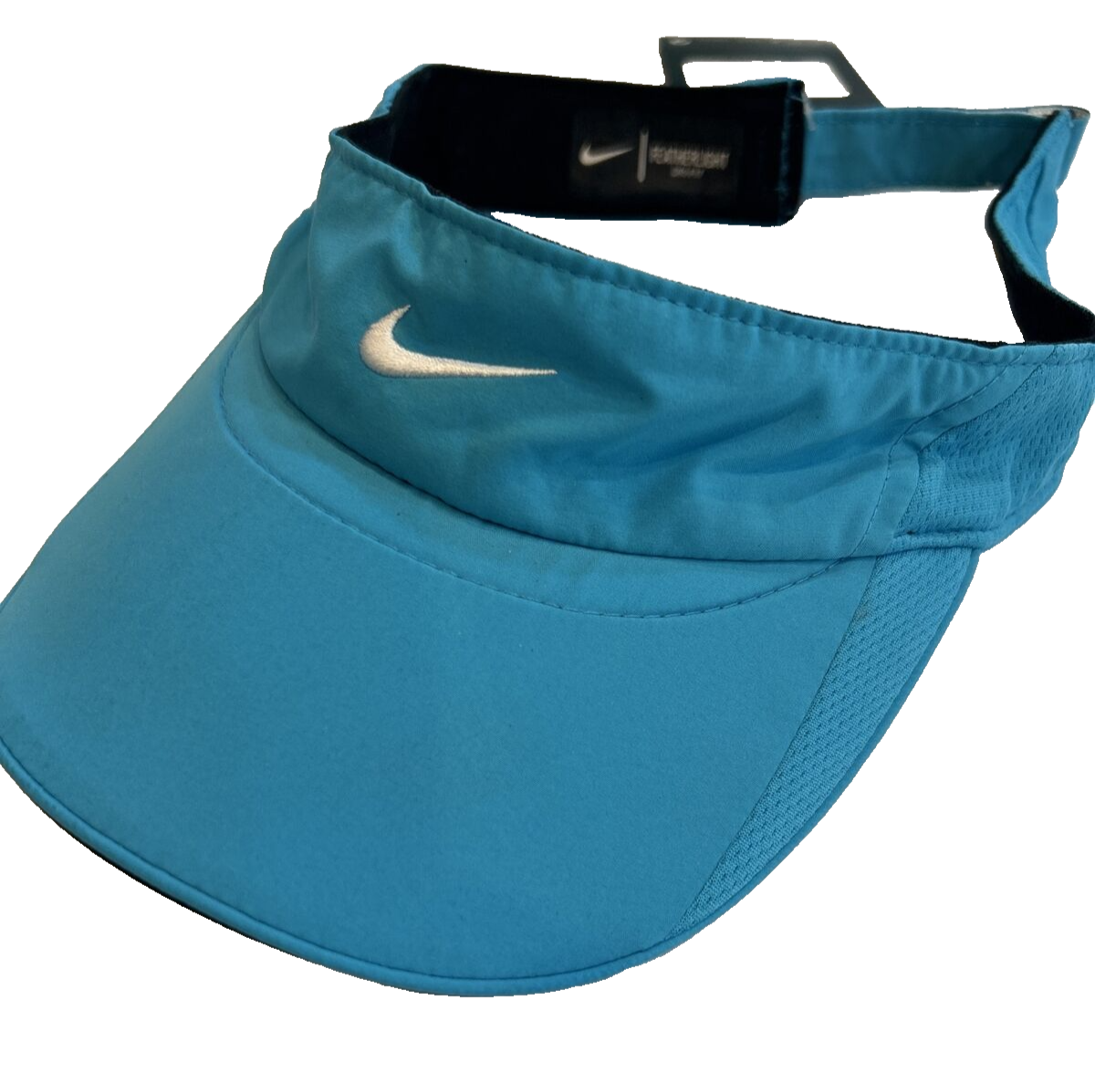 Blue Nike visor with white logo.