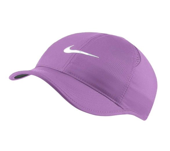 Purple cap with white logo, side view.