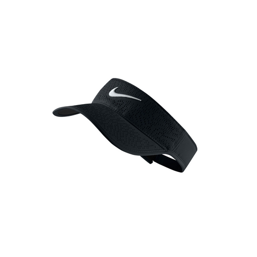 Black sports visor with white swoosh logo.