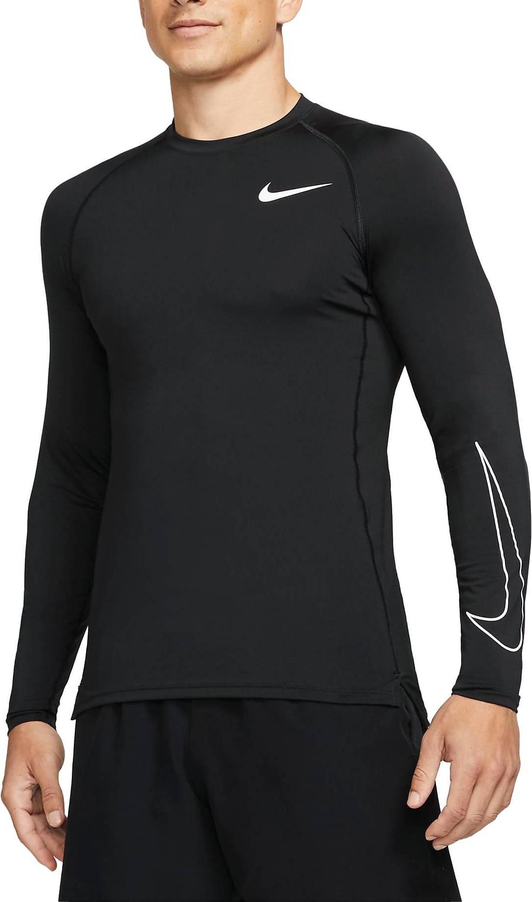 Man wearing black athletic Nike long-sleeve shirt.