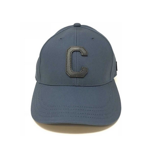 Blue cap with large letter C logo.