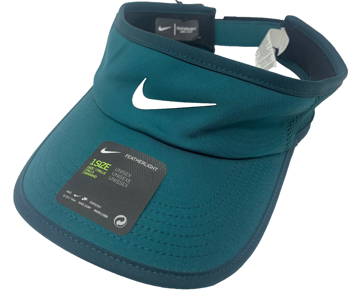 Teal Nike visor with logo and tags.