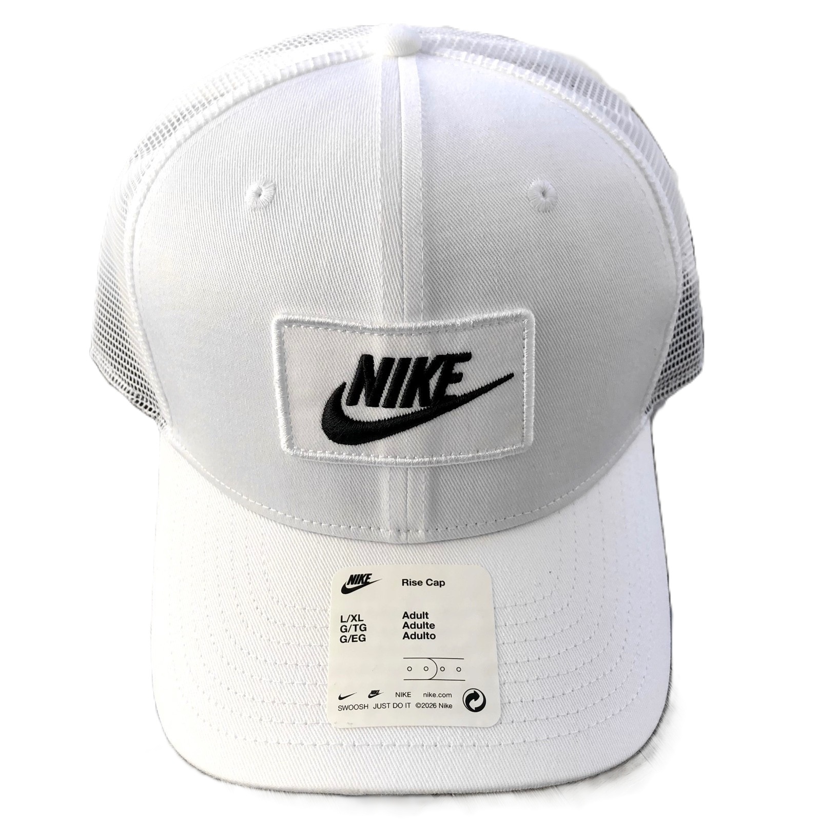 White Nike cap with black logo.