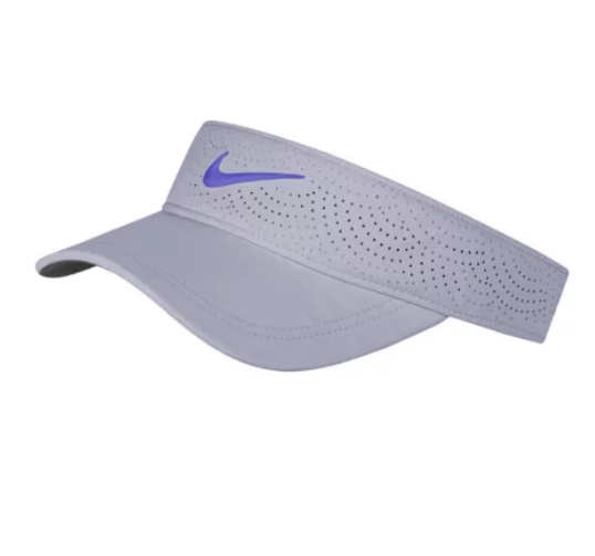 Gray sports visor with blue logo.