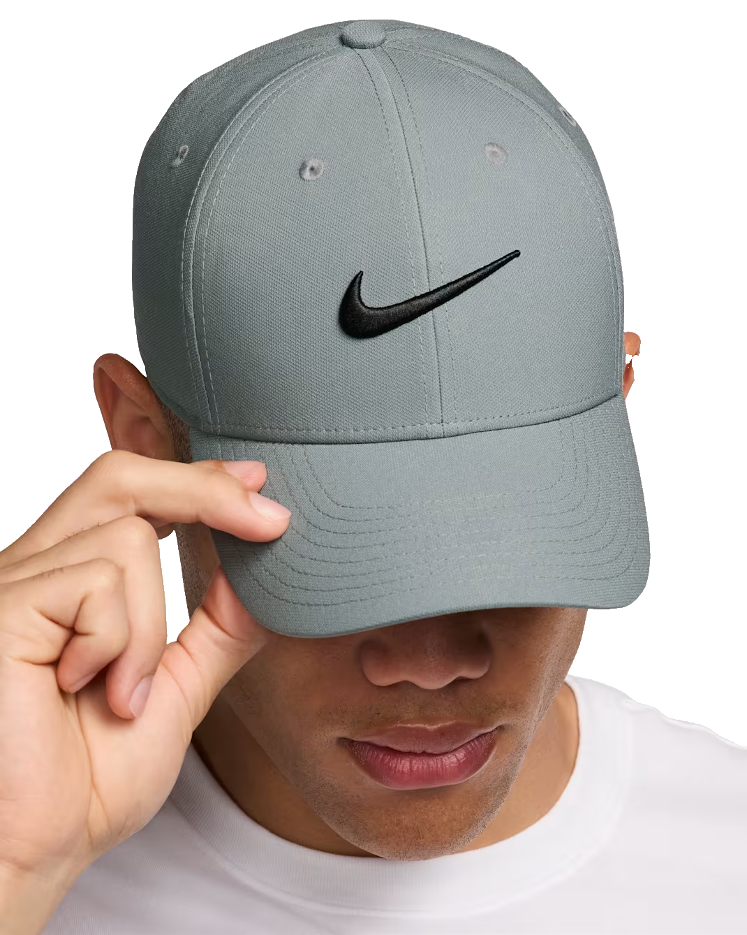 Person wearing a gray cap with logo.