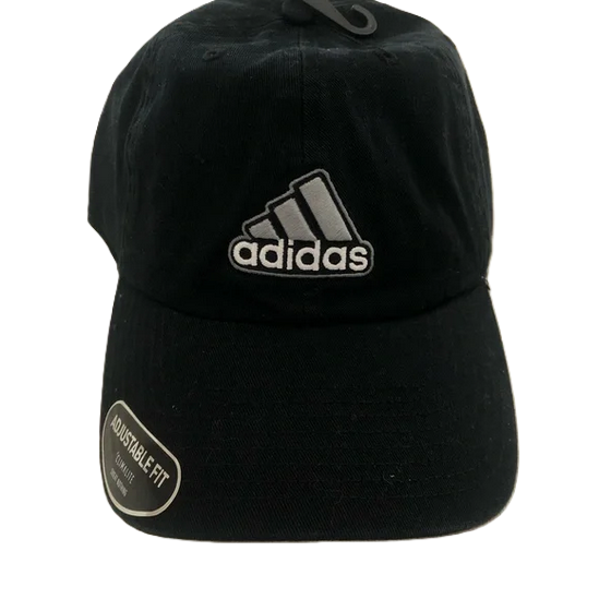 Black Adidas cap with adjustable fit label.